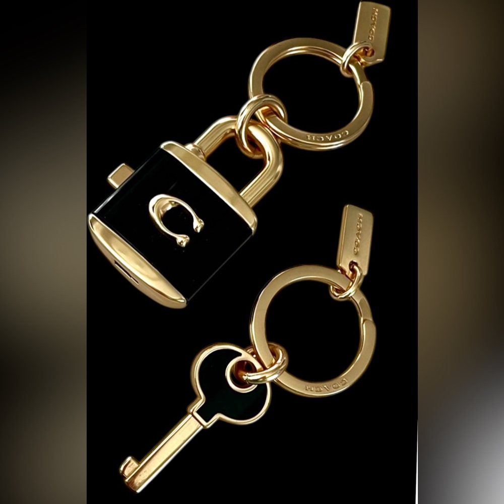 Coach Gold & Black Padlock and Key Keychain Set